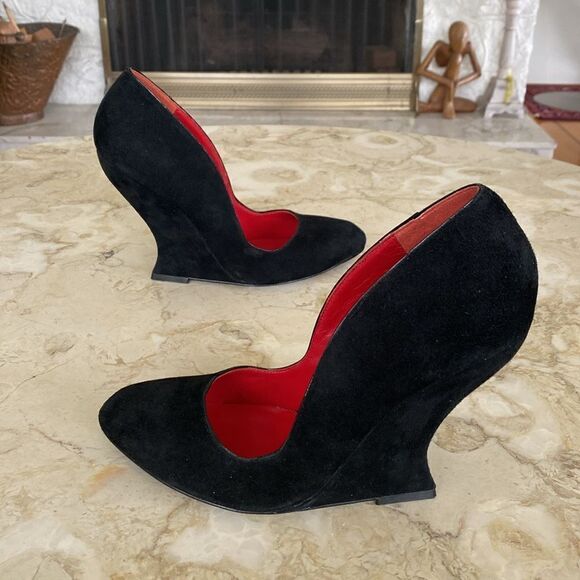 CHARLES JOURDAN Paris Eddie Black Suede Sculpted Wedge Heels 8 1/2 M - Picture 5 of 12